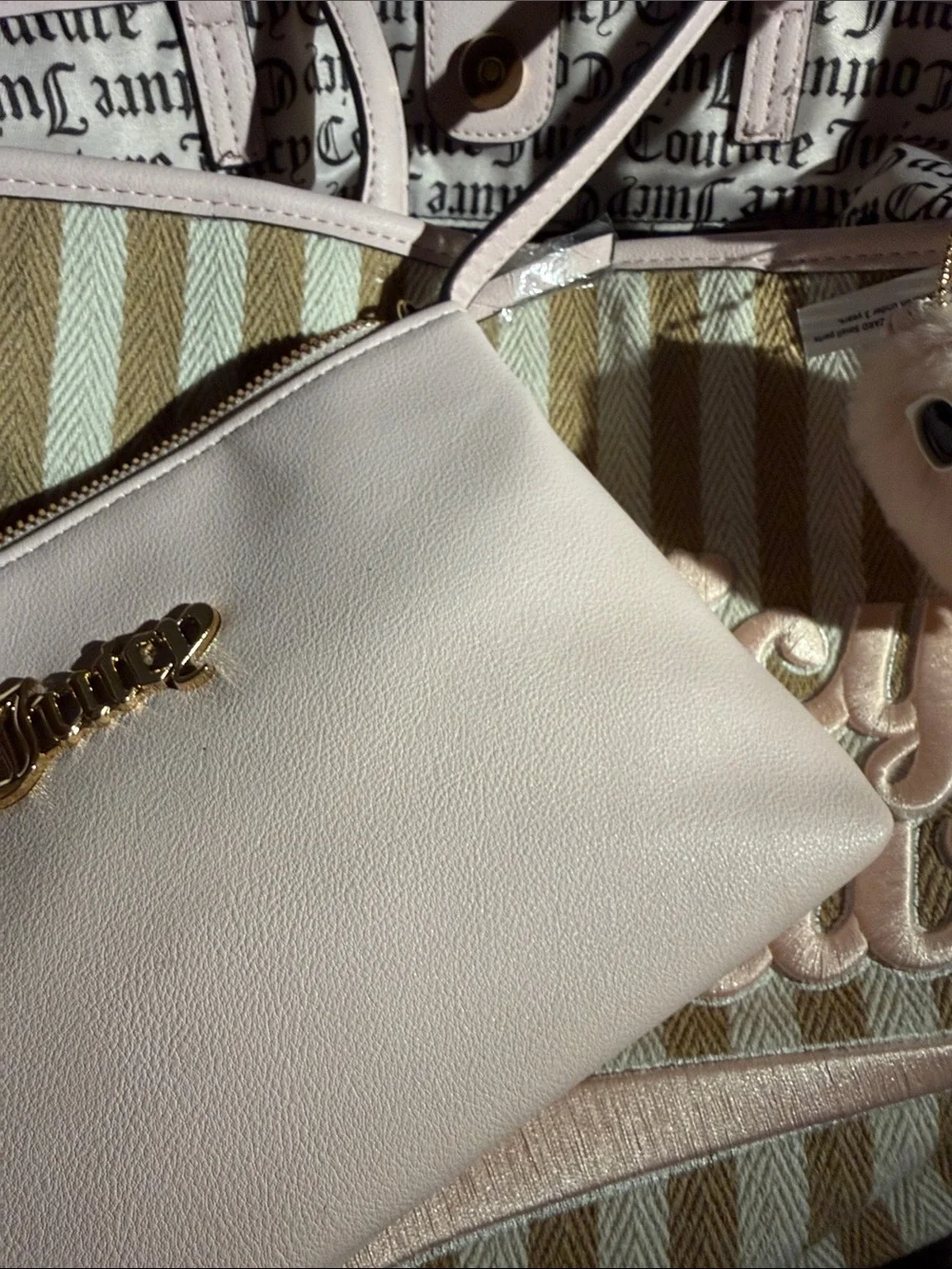 Light Pink Women's Leather Wristlet Pouch with Gold Logo Keychain and purse